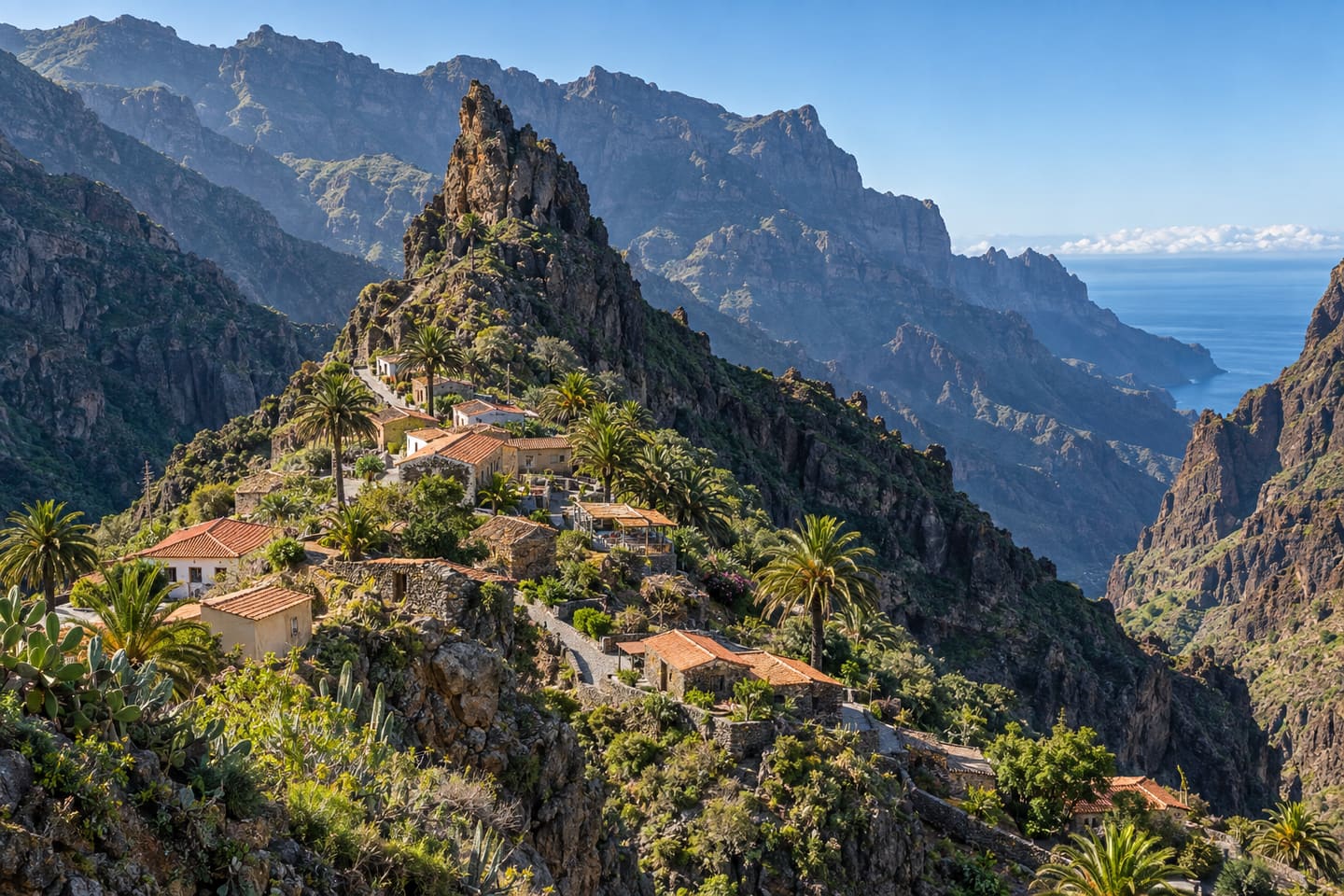 Das Bergdorf Masca auf einem Bergrücken im Teno-Gebirge auf Teneriffa.