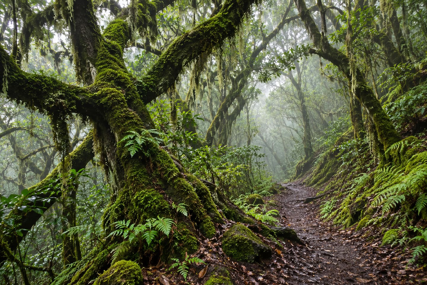 KI-Illustration: moosbewachsener Lorbeerwald im Nebel des Nationalparks Garajonay auf La Gomera