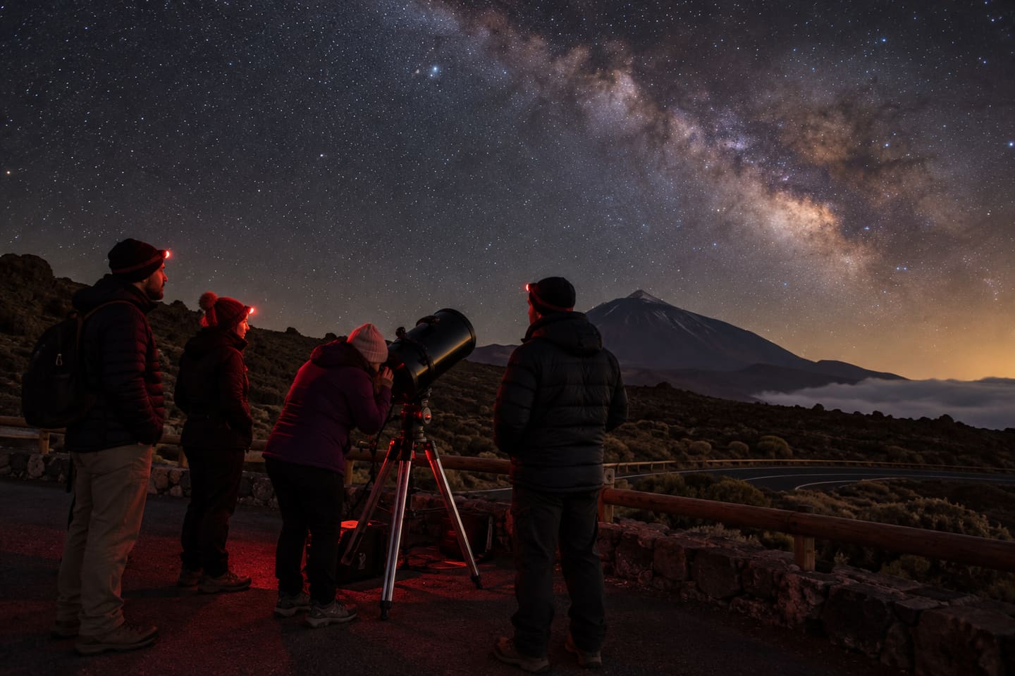 Illustration einer kleinen Gruppe in warmer Kleidung bei einer Teleskopbeobachtung am Teide