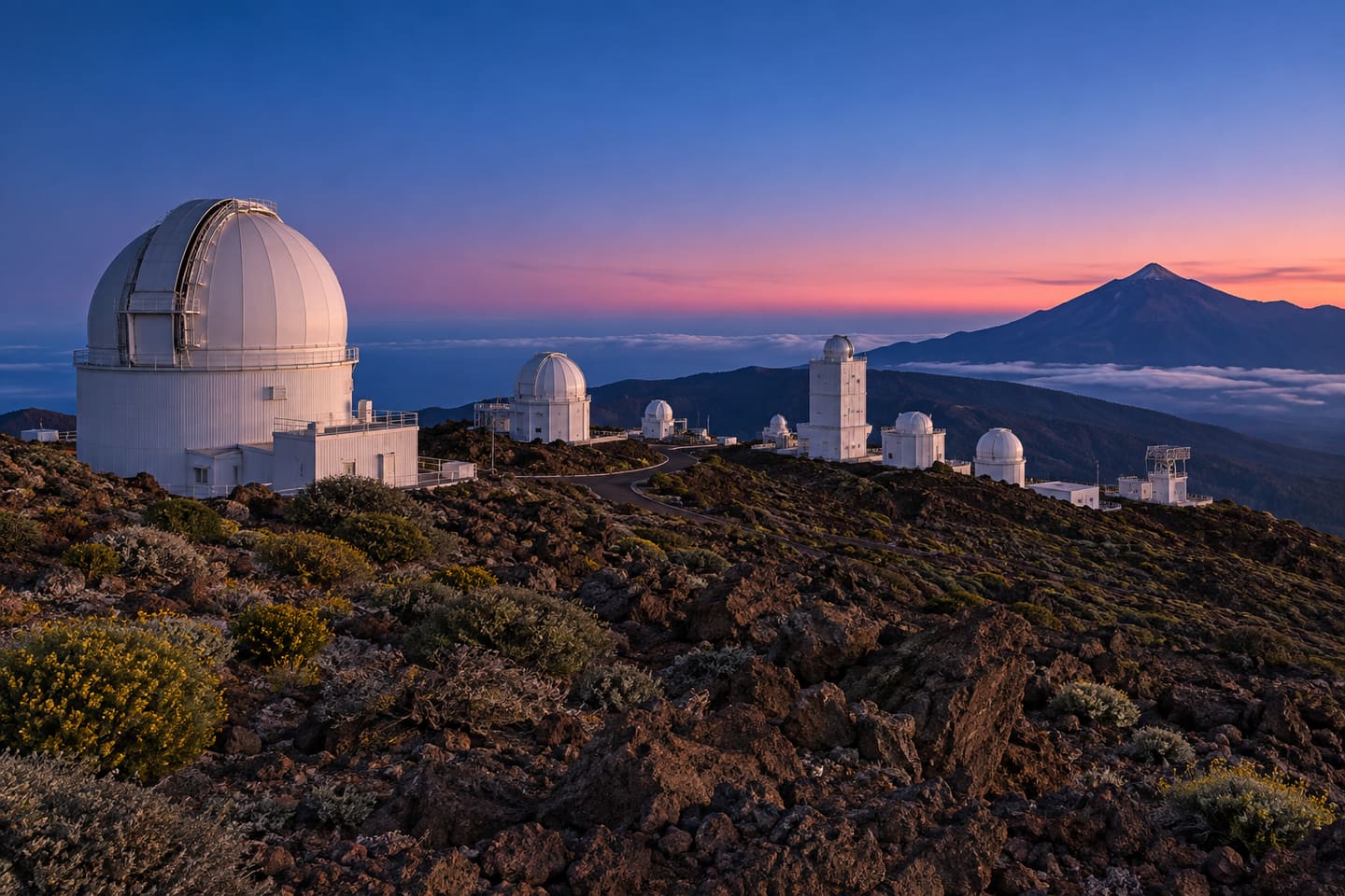 Illustration der weißen Kuppeln des Observatorio del Teide in Izaña in der Dämmerung
