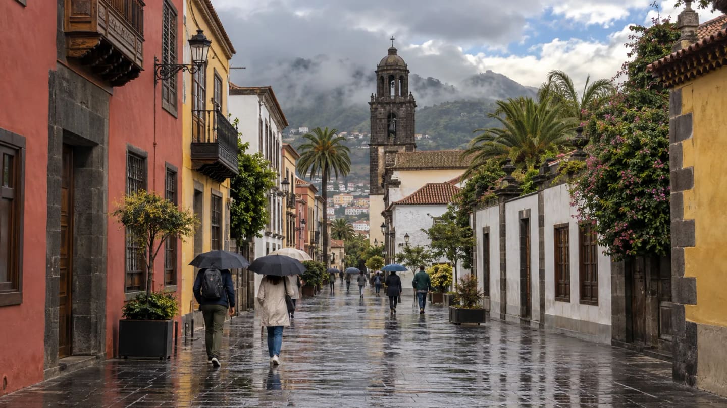Regennasse Altstadtgasse in La Laguna mit Spaziergängern unter Schirmen und Wolken über den Bergen
