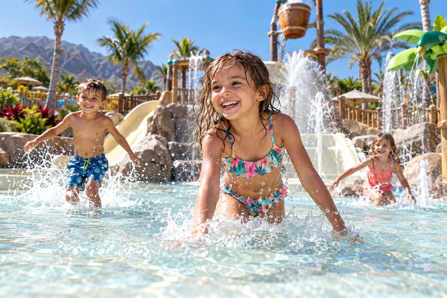 Kinderbereich im Wasserpark auf Teneriffa mit flachem Wasser und bunten Rutschen