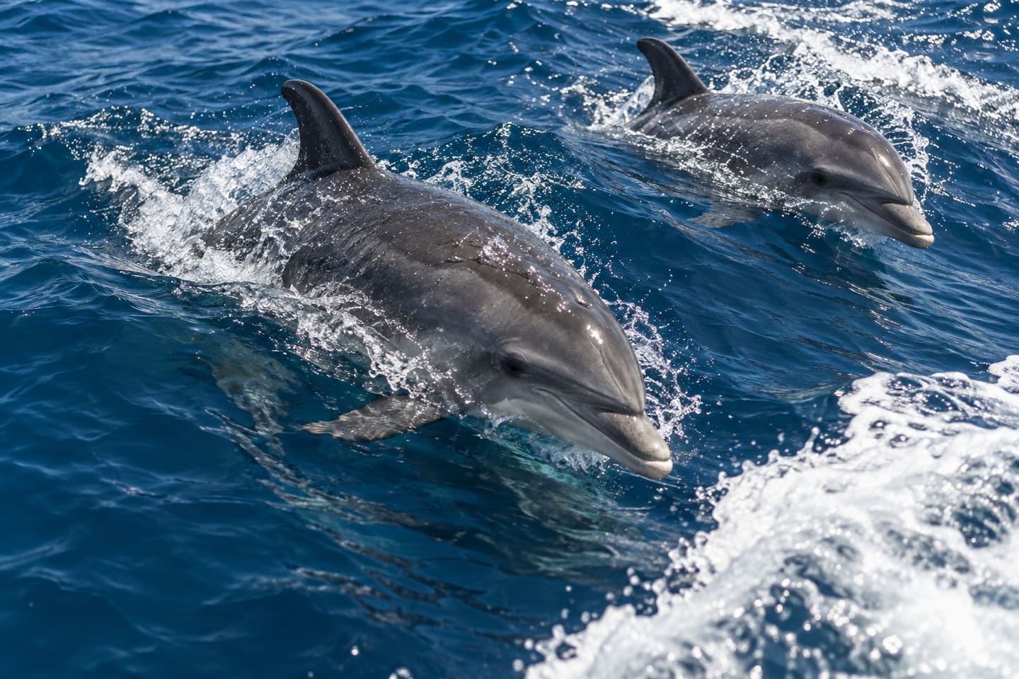 Große Tümmler schwimmen in der Bugwelle eines Bootes vor Teneriffa.