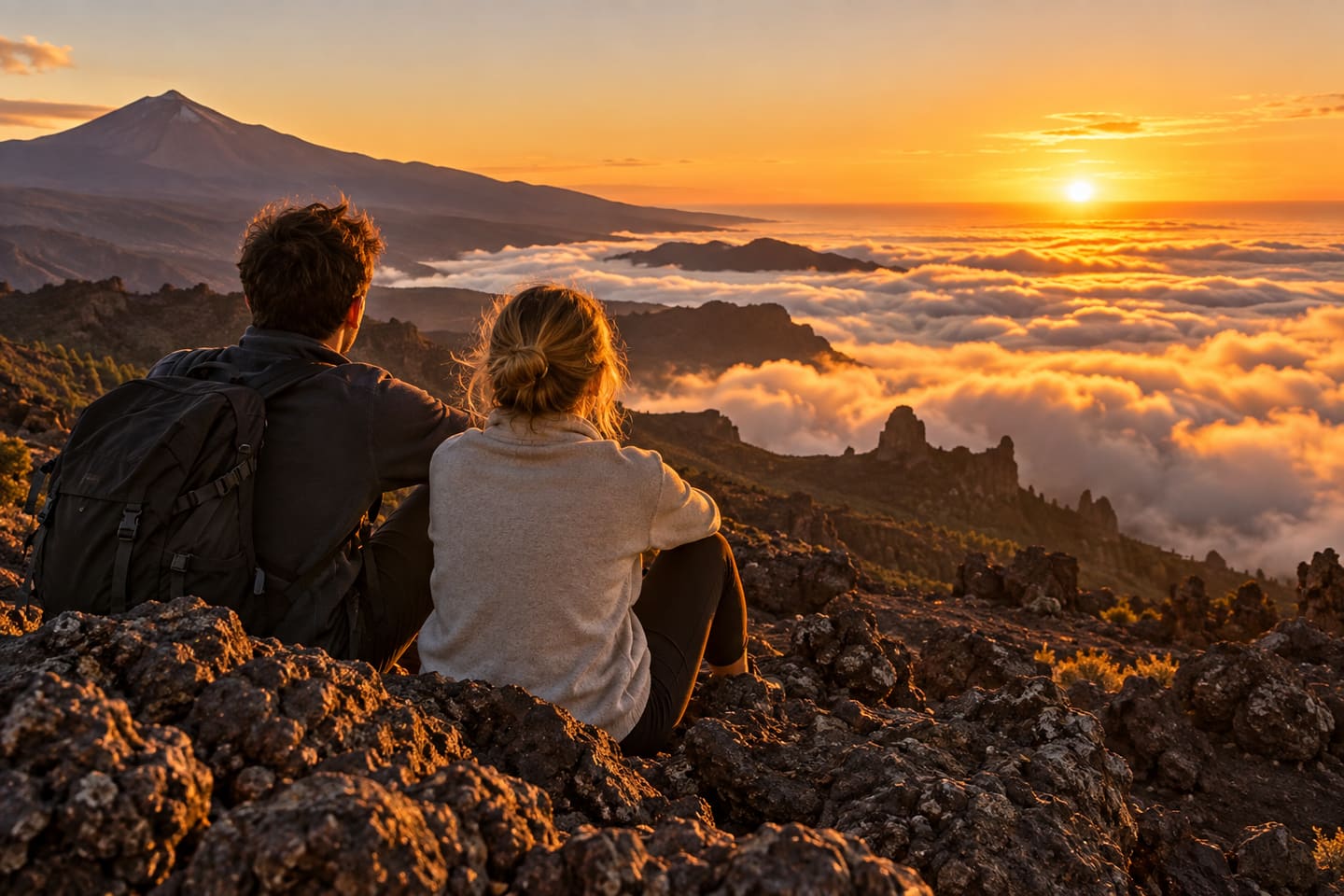 Paar betrachtet den Sonnenuntergang über dem Wolkenmeer im Teide-Nationalpark
