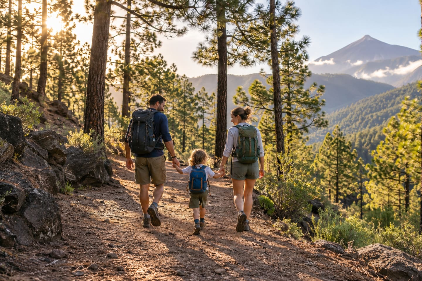 Familie mit Kind wandert auf einem einfachen Waldweg in den Bergen von Teneriffa