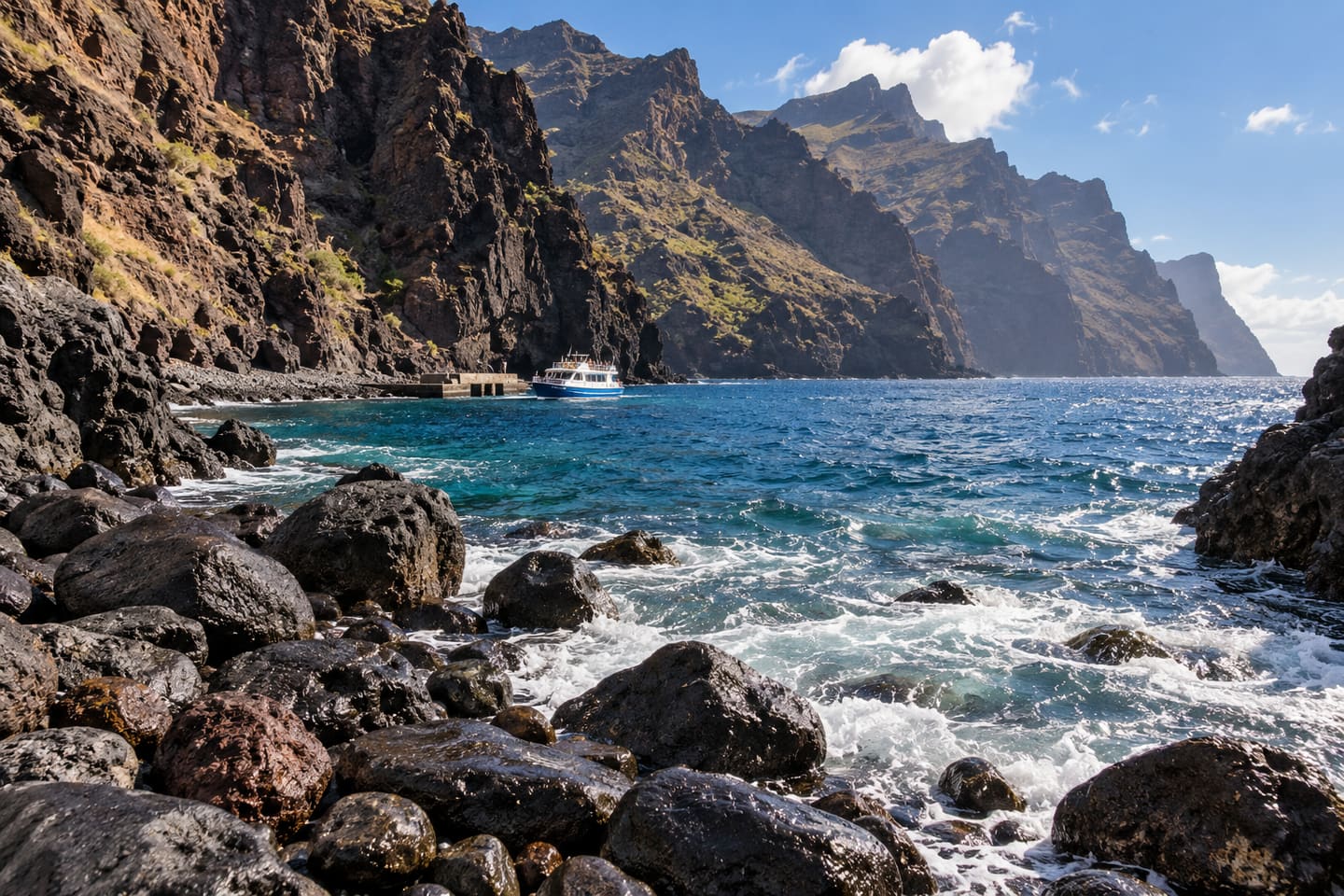 Die felsige Bucht Playa de Masca am Ausgang der Schlucht mit Blick auf den Atlantik.