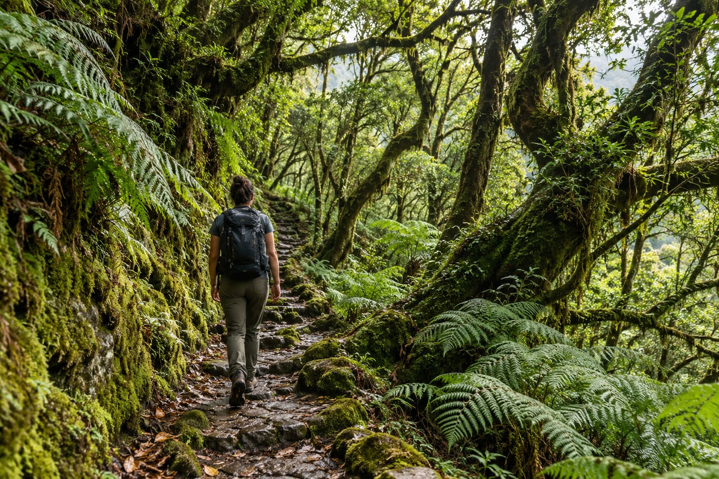 Wanderin auf einem Pfad im Lorbeerwald des Anaga-Gebirges auf Teneriffa