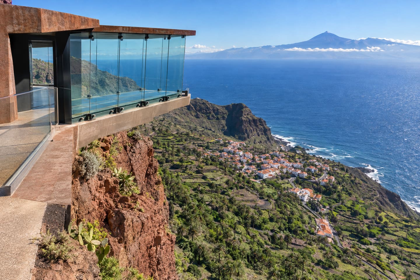 KI-Illustration: gläserne Aussichtsplattform Mirador de Abrante über Agulo mit Blick zum Atlantik