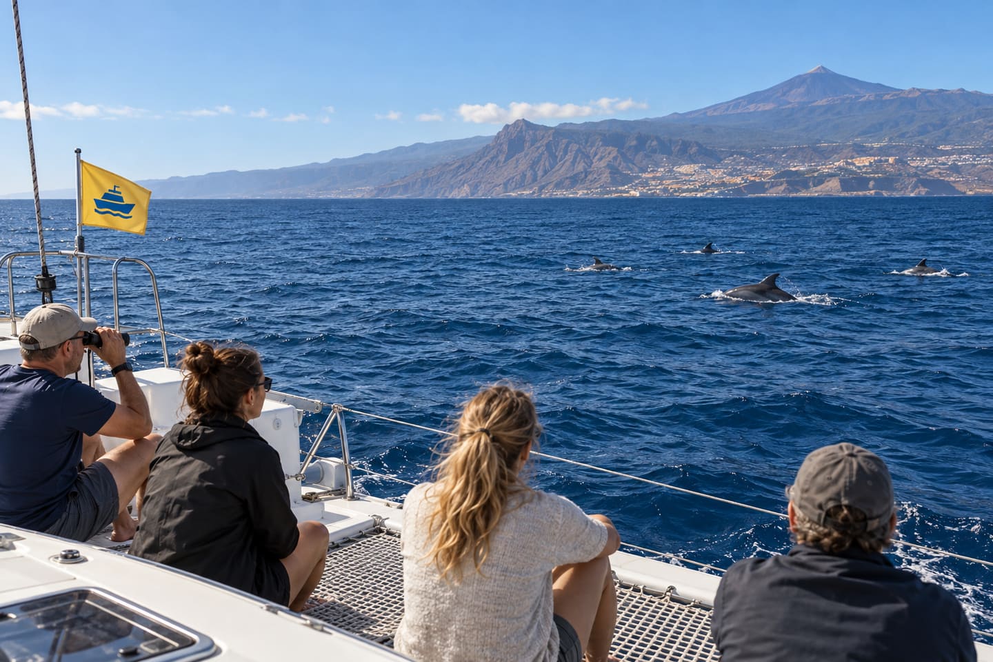 Ein Segelkatamaran mit kleiner Gruppe auf dem Meer vor Teneriffa; die Tiere bleiben in Abstand.